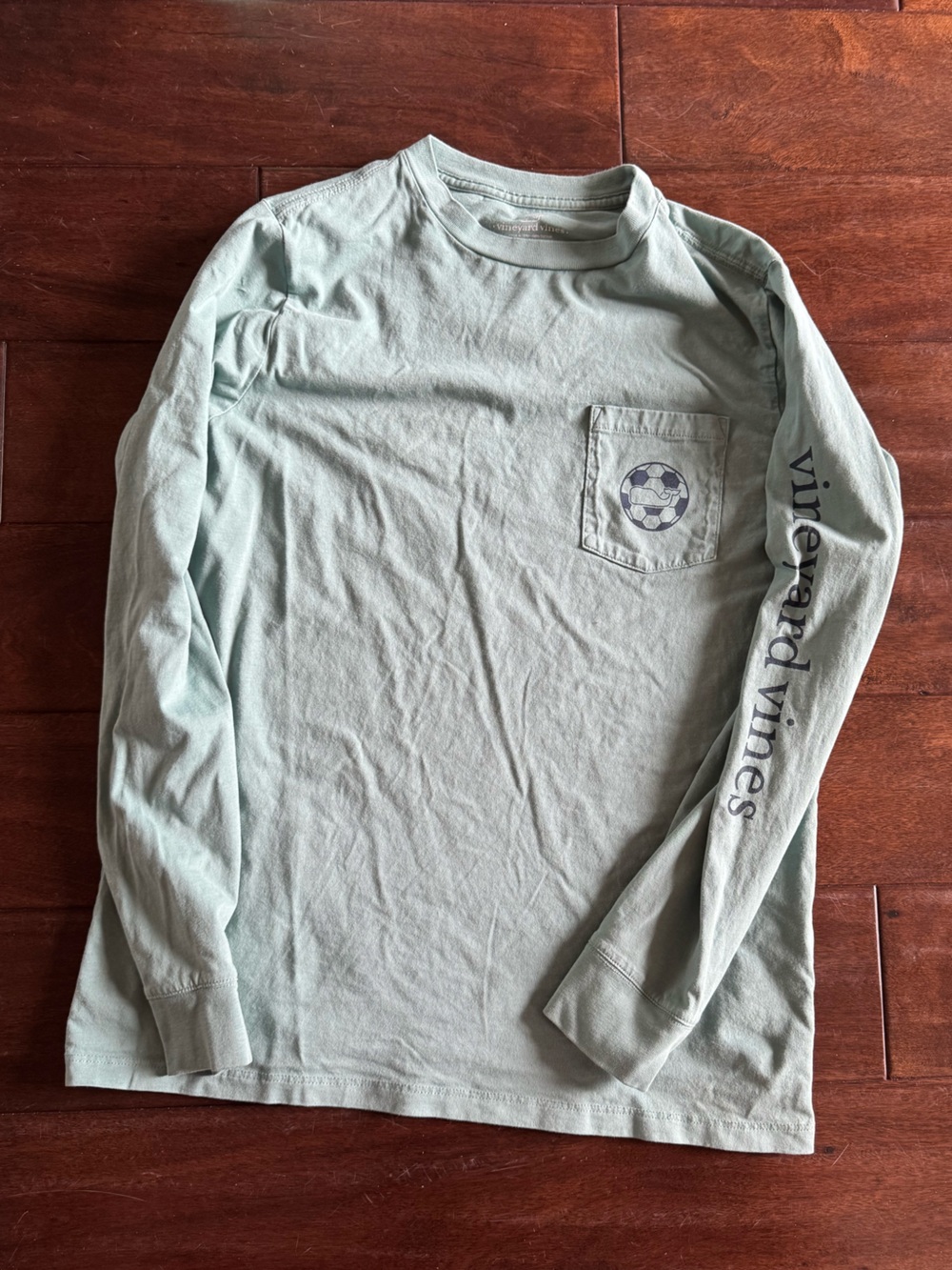 Vineyard Vines Long-Sleeve Pocket Tee in Light Seafoam Green Soccer Theme